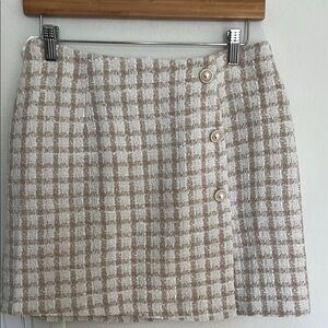 SHEIN Elegant Tan Checkered Skirt with Pearl Button Details